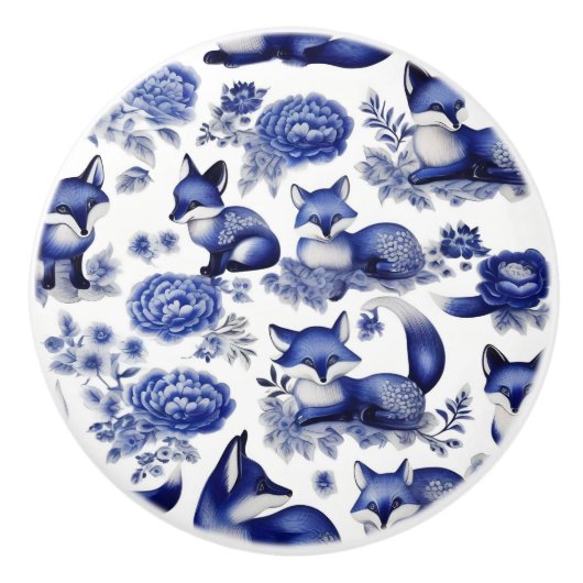 Blauwe en Witte Vossen Aangepaste Keramische Knop (Voorkant)
