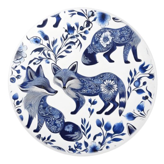 Blauwe en Witte Vossen Aangepaste Keramische Knop (Voorkant)