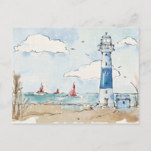 Blauwe en witte vuurtoren briefkaart