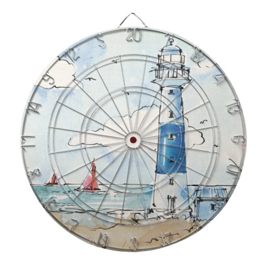 Blauwe en witte vuurtoren dartbord (Voorkant)