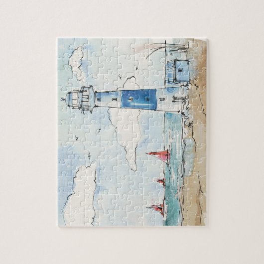 Blauwe en witte vuurtoren legpuzzel (Verticaal)