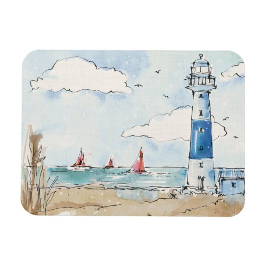 Blauwe en witte vuurtoren magneet (Horizontaal)