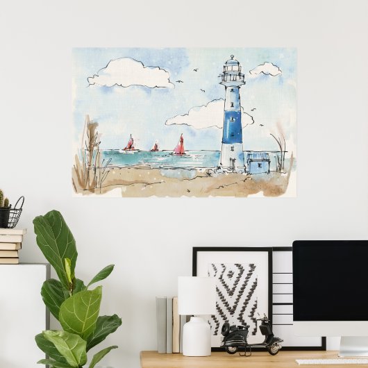 Blauwe en witte vuurtoren poster (Thuiskantoor)