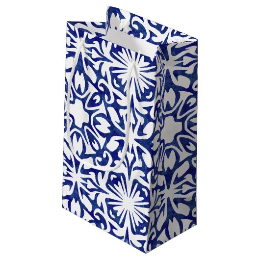 Blauwe en witte Waterverf Spaans Tile Patroon Klein Cadeauzakje (Achterkant Gekanteld)