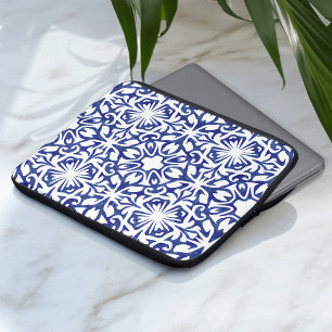 Blauwe en witte Waterverf Spaans Tile Patroon Laptop Sleeve