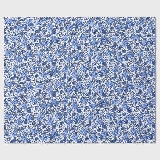 Blauwe en witte Waterverf Vogels, Nesten en Harten Cadeaupapier (Vlak)