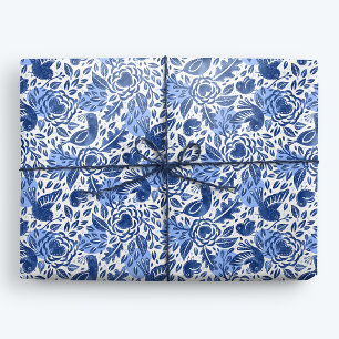 Blauwe en witte Waterverf Vogels, Nesten en Harten Cadeaupapier