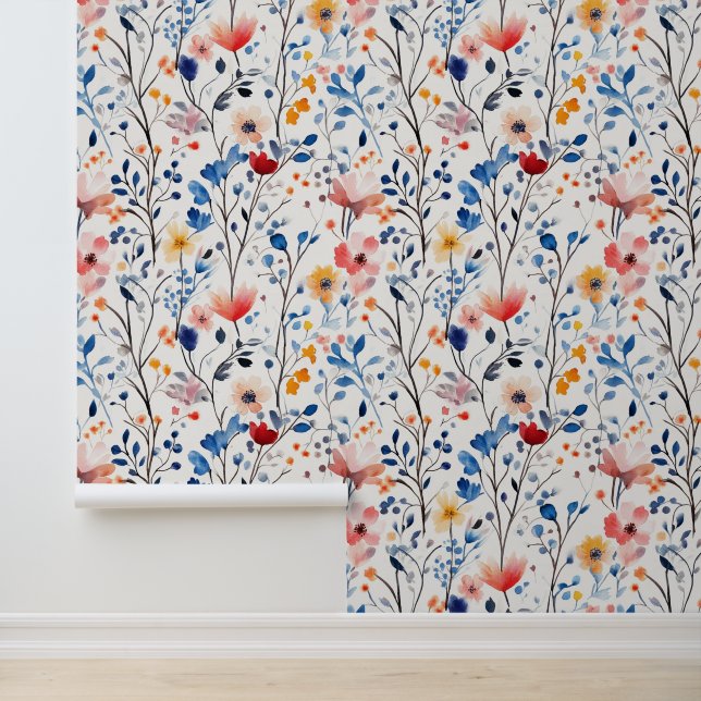 Blauwe en witte wilde bloem behang (Applicatie)