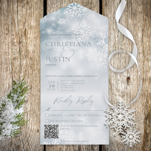 Blauwe en witte wintersneeuw Moderne QR-code All In One Uitnodiging