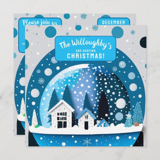 Blauwe en Witte Winterwonderlandhuizen Sneeuwbol Save The Date (Voorkant / Achterkant)