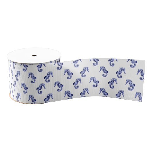 Blauwe en witte zeepaardafdruk grosgrain lint (Spoel)