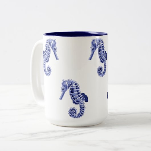 Blauwe en witte zeepaardjes tweekleurige koffiemok (Voorkant links)
