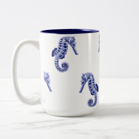 Blauwe en witte zeepaardjes tweekleurige koffiemok (Links)
