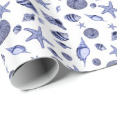 Blauwe en witte zeeschelpen cadeaupapier (Rol Hoek)
