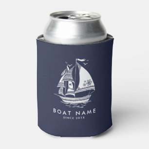 Blauwe en witte zeilboot blikjeskoeler