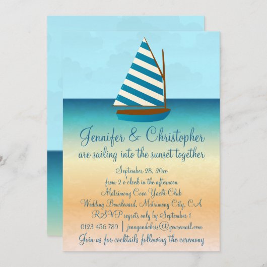Blauwe en witte zeilboot bruiloft kaart (Voorkant / Achterkant)