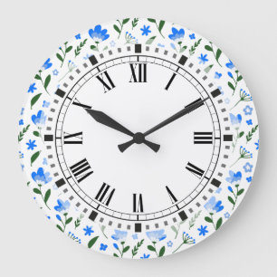 Blauwe en witte zomerbloemen Retro Kitchen Grote Klok