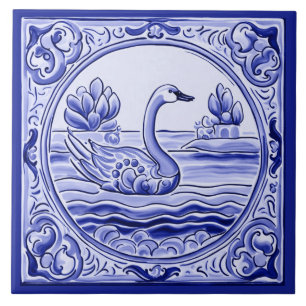 Blauwe en Witte Zwaan Gans Mediterrane Folk Art Tegeltje