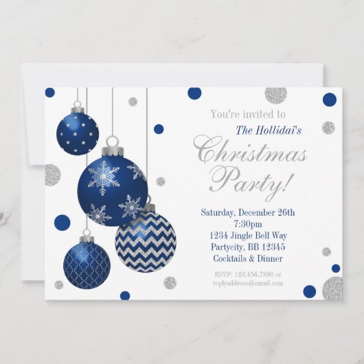 Blauwe en zilveren Baubles - Uitnodiging voor Kers (Voorkant)
