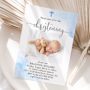Blauwe en Zilveren Jongen Doopsel Kaart