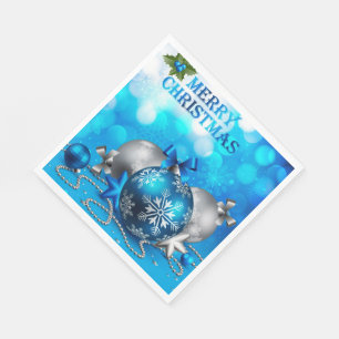 Blauwe en zilveren kerstballen, snoepriet, sterren servet
