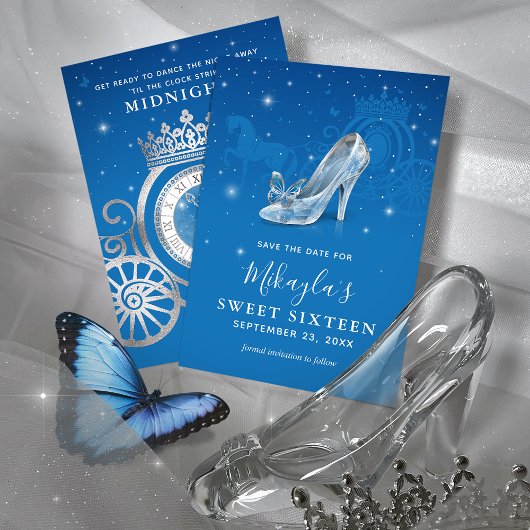 Blauwe en Zilveren Schoen Cinderella Sweet 16 Verj Save The Date
