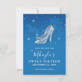Blauwe en Zilveren Schoen Cinderella Sweet 16 Verj Save The Date (Voorkant)