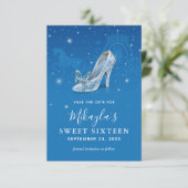 Blauwe en Zilveren Schoen Cinderella Sweet 16 Verj Save The Date (Staand voorkant)