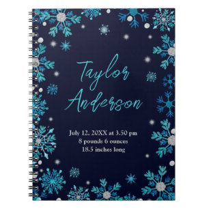 Blauwe en Zilveren Sneeuwvlokken Geboortestatus Notitieboek