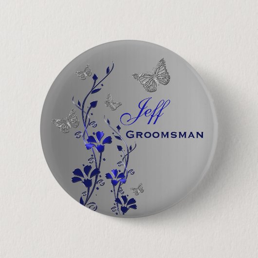 Blauwe en Zilveren Vlinder Bloemen Groomsman Pin Ronde Button 5,7 Cm (Voorkant)