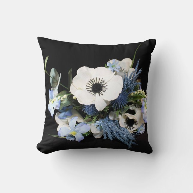 Blauwe en zwarte bloemenkussenhoes kussen (Voorkant)
