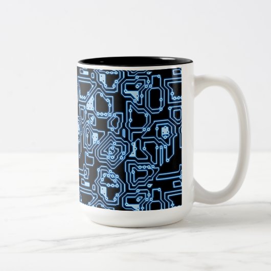 Blauwe en zwarte computercircuits tweekleurige koffiemok (Rechts)