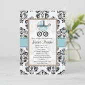 Blauwe en zwarte Damask Baby Shower-uitnodigingen Kaart (Staand voorkant)