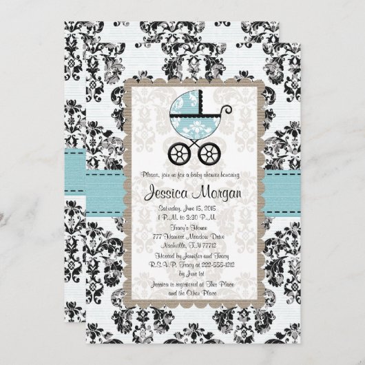 Blauwe en zwarte Damask Baby Shower-uitnodigingen Kaart (Voorkant / Achterkant)