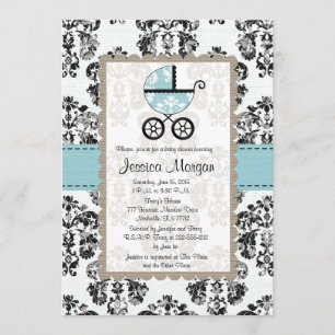 Blauwe en zwarte Damask Baby Shower-uitnodigingen Kaart