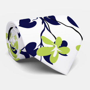 Blauwe en zwarte tak van de zee, kalkgroene bloeme stropdas