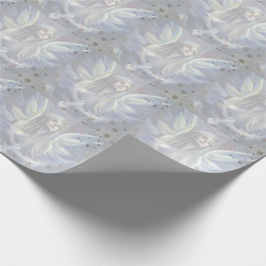 Blauwe engel en sterretjes omslagpapier cadeaupapier (Hoek)