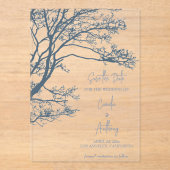 Blauwe Enkele Boom Boho Bruiloft Acryl Uitnodigingen (Voorkant)