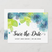 Blauwe etherbloemen bruiloft Sparen de Datum Briefkaart (Voorkant / Achterkant)