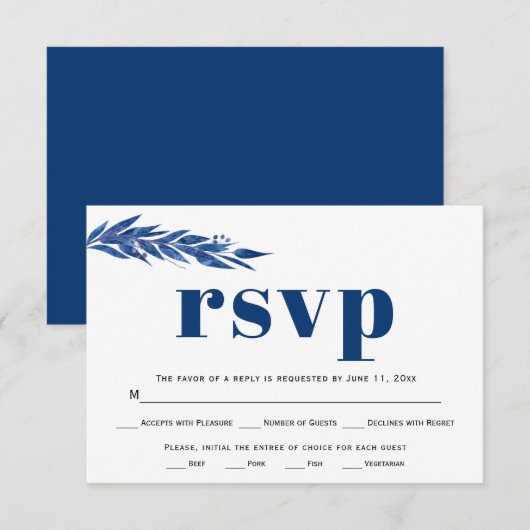 Blauwe eucalyptusbranmaaltijd keuze bruiloft RSVP Kaartje (Voorkant / Achterkant)