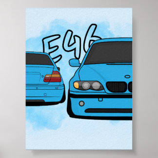 Blauwe Europese Sport Sedan Cartoon Auto Enthousia Poster