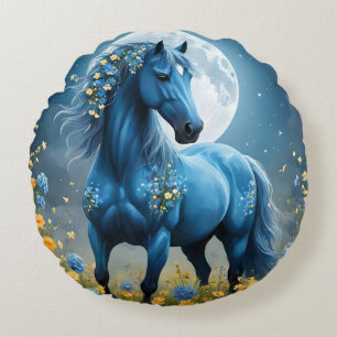Blauwe Fantasie Magische Paard Maan Bloemen, Rond Kussen