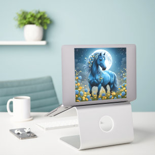 Blauwe Fantasie Magische Paard Maan Bloemen, Sticker