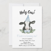 Blauwe feesthoed koe met koeienprint uitnodiging (Voorkant)