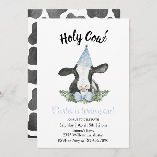 Blauwe feesthoed koe met koeienprint uitnodiging (Voorkant / Achterkant)