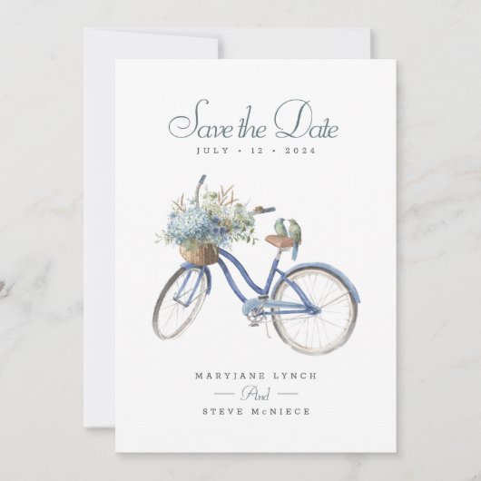 Blauwe Fiets Bohemian Bloemen Waterverf Bruiloft Save The Date (Voorkant)
