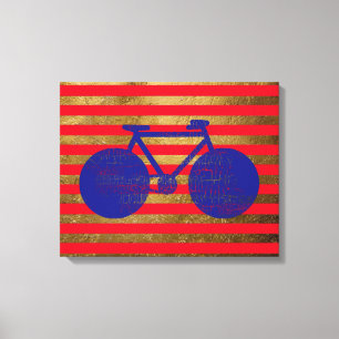 blauwe fiets en gouden/rode strepen canvas afdruk
