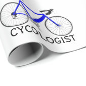 Blauwe fiets met cycoloog tekst op wit cadeaupapier (Rol Hoek)