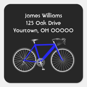 Blauwe fiets op zwart vierkante sticker