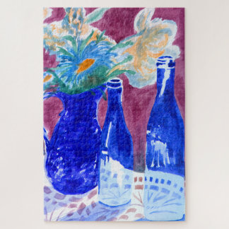 Blauwe flesje stille puzzel